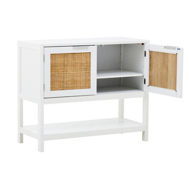 White wood rattan two drawer side cabinet with woven cane door and open light wood interior shelves visible