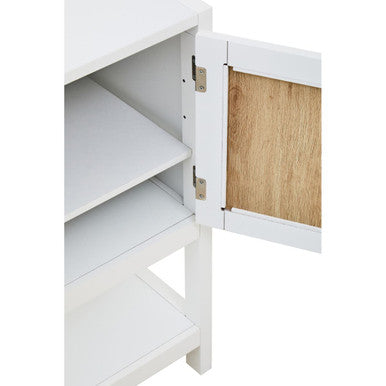 White wood rattan two drawer side cabinet with white cabinet doors and wooden interior with visible hinges