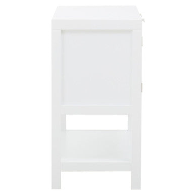 White wood nightstand with single drawer and open shelf in the sherman rattan two drawer side cabinet style
