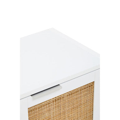 White wood rattan two drawer side cabinet with woven cane panel and sleek modern design for stylish storage