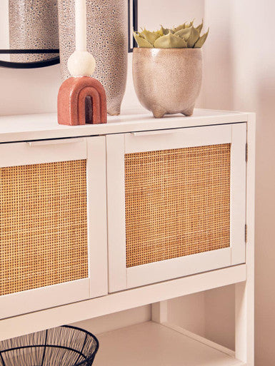 White wood rattan two drawer side cabinet with woven cane panels for stylish storage and decor