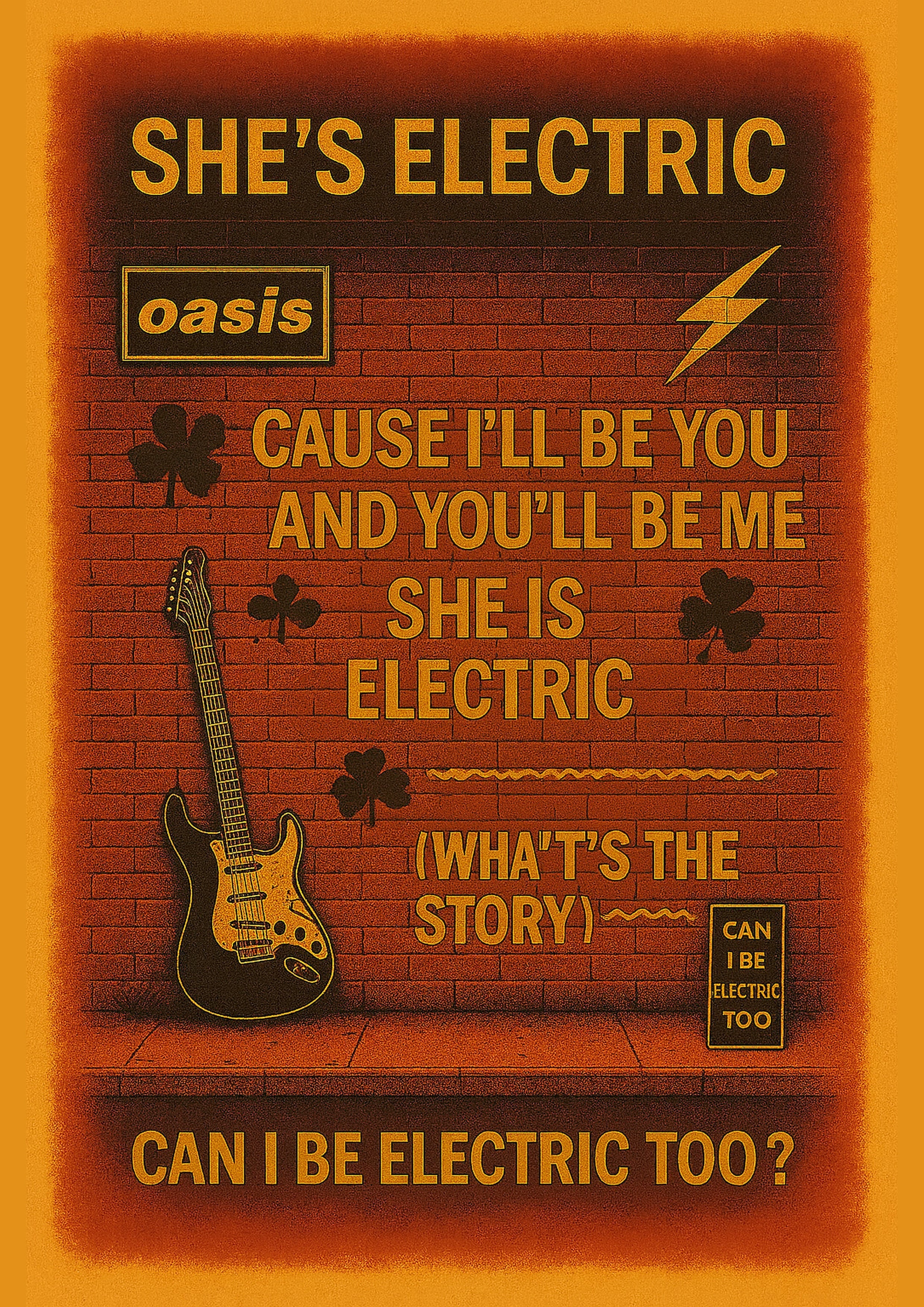 Black and yellow electric guitar leaning against a brick wall with graffiti wall art for an at-home bar vibe