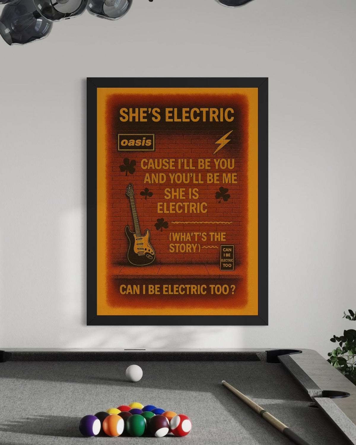 Framed graffiti wall art poster featuring oasis she’s electric with bold yellow text and vintage guitar for at-home bar decor