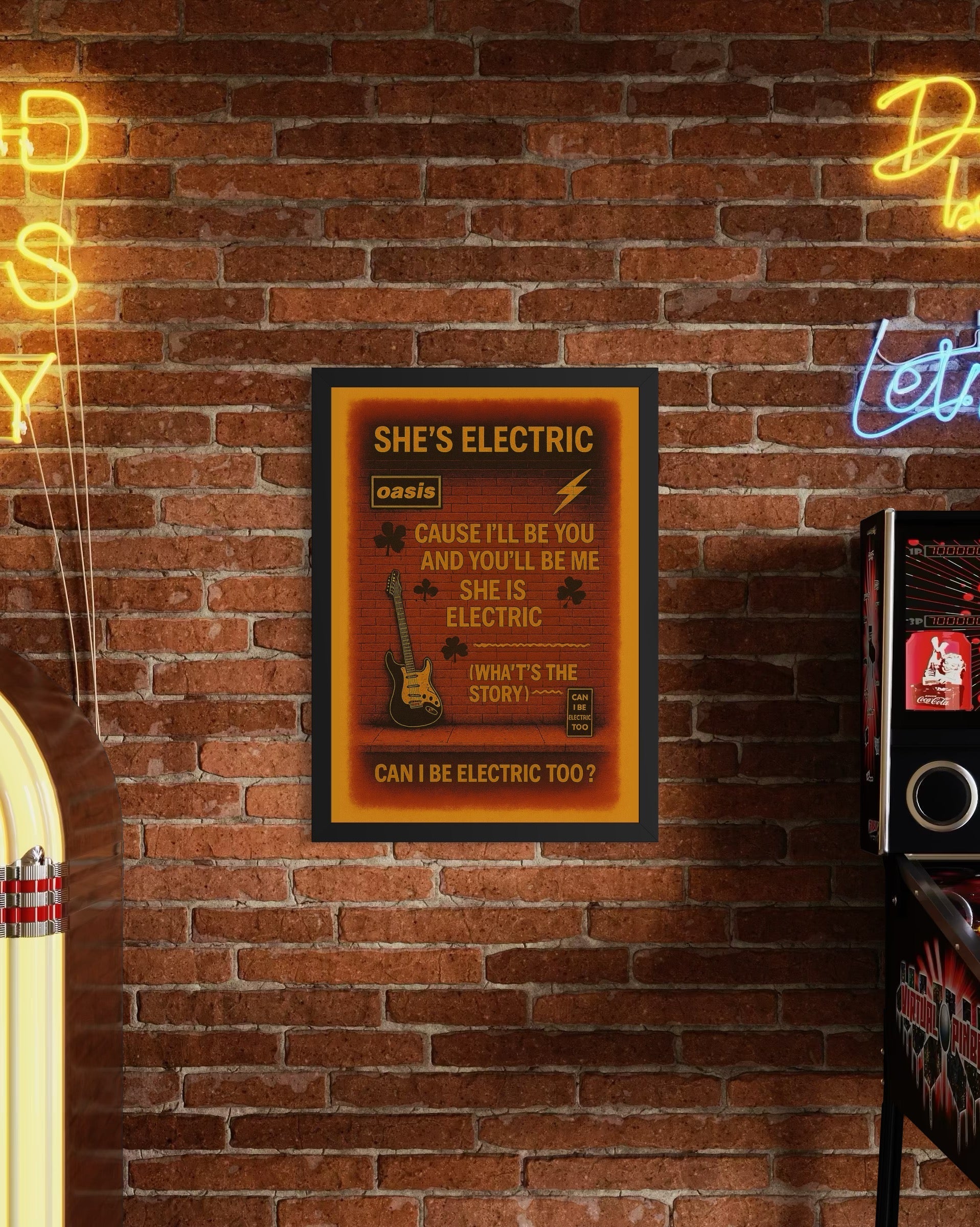 Framed she’s electric oasis inspired graffiti poster with warm orange black design neon accents perfect for at-home bar wall art