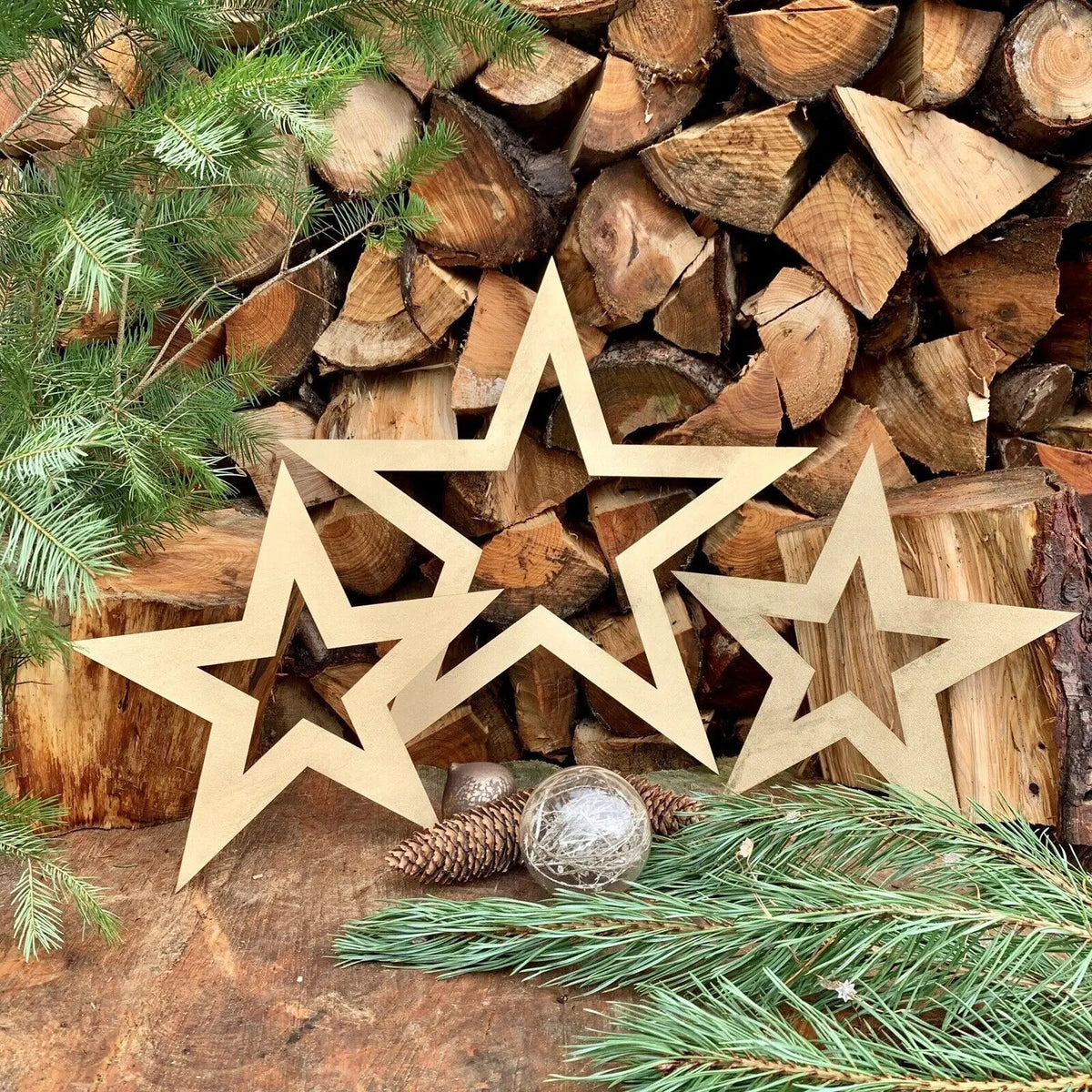 3 X Rustic Gold Star Christmas Decorations