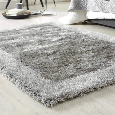 Shimmer Silver Grey Bordered Shaggy Rug - Rugs
