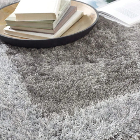 Shimmer Silver Grey Bordered Shaggy Rug - Rugs