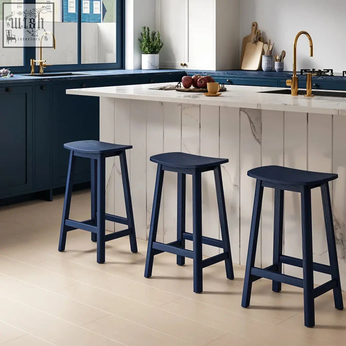 Three navy blue wooden shina bar stools with a simple modern design perfect for any bar stool setup