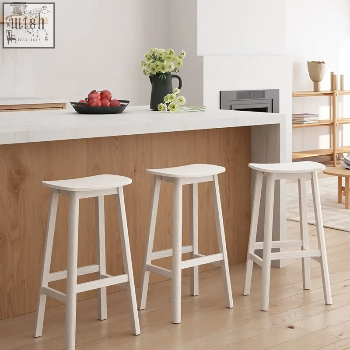 Three white wooden shina bar stools with minimalist design and clean lines perfect for any bar stool setup