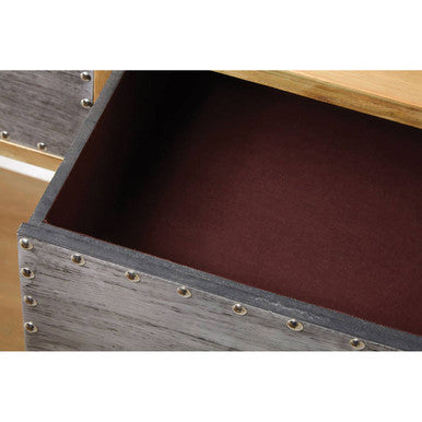 Gray wood-trimmed shoreditch console table drawer with rivets and burgundy velvet interior for stylish storage