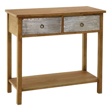 Light oak shoreditch console table with two rustic gray metal drawers and a lower wooden shelf for storage