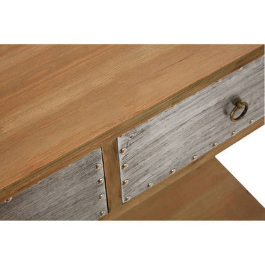 Rustic wooden shoreditch console table with weathered gray metal drawer front and brass ring handle