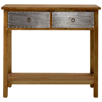 Rustic wooden shoreditch console table with two silver metal drawers featuring rivet detailing and round ring pulls