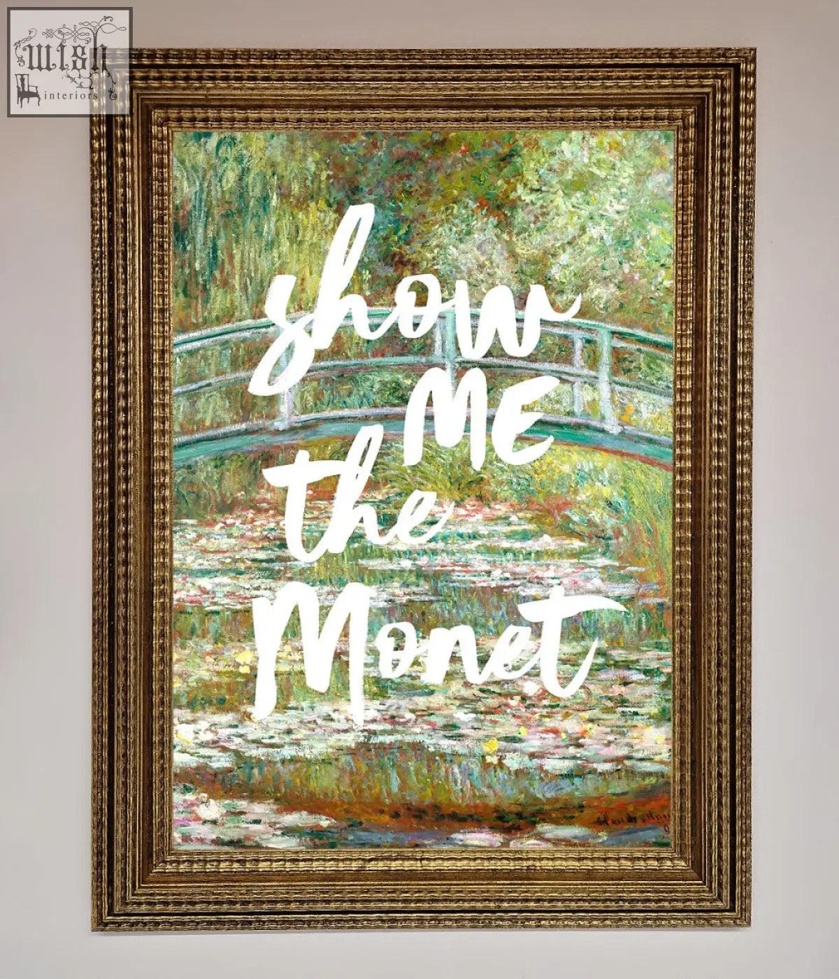 A monet framed poster featuring a water lily garden with an arched bridge in an ornate gold-colored frame