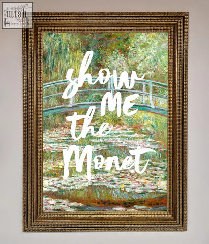 A monet framed poster featuring a water lily garden with an arched bridge in an ornate gold-colored frame