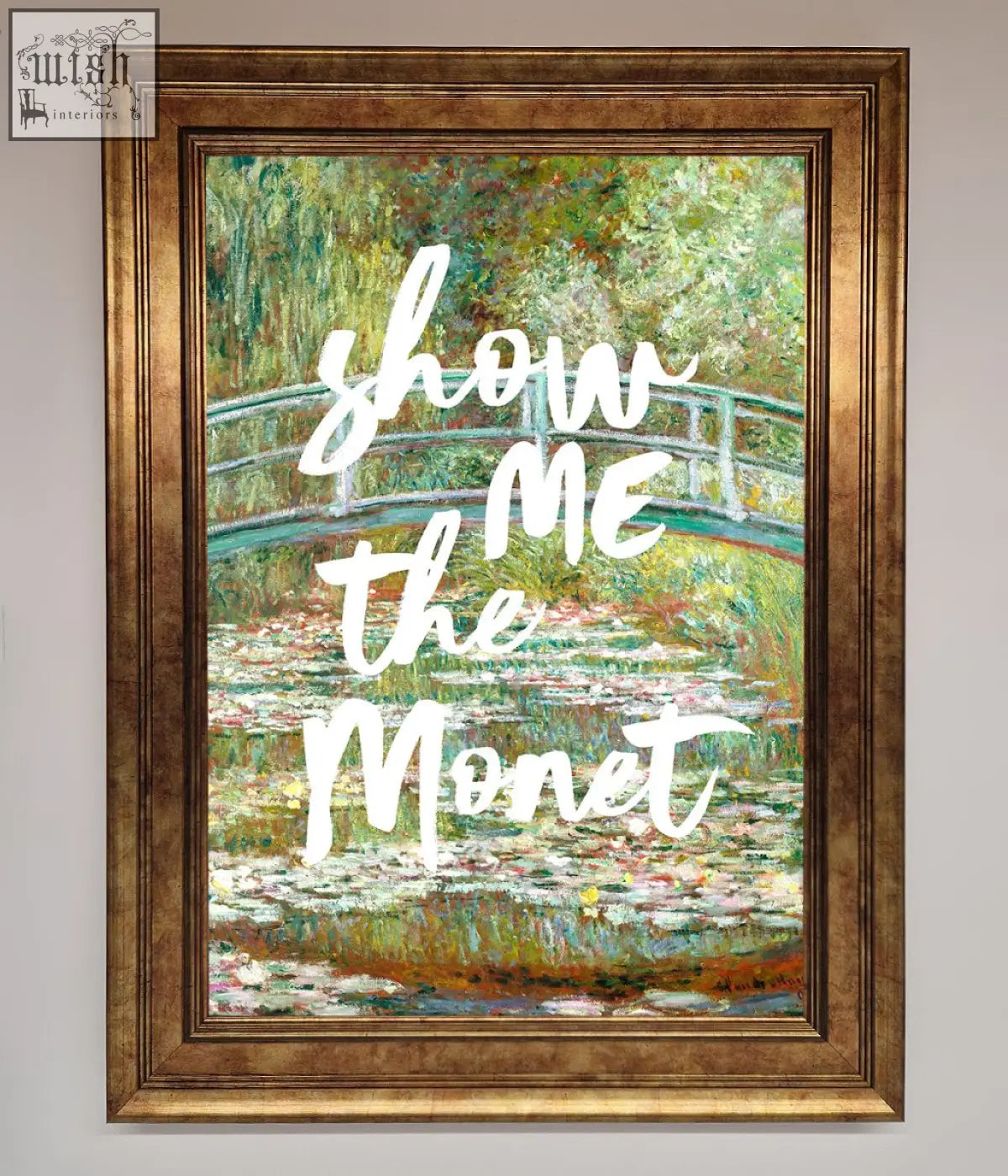 Show me the monet framed poster with green and white bridge over water lilies featuring bold white script text