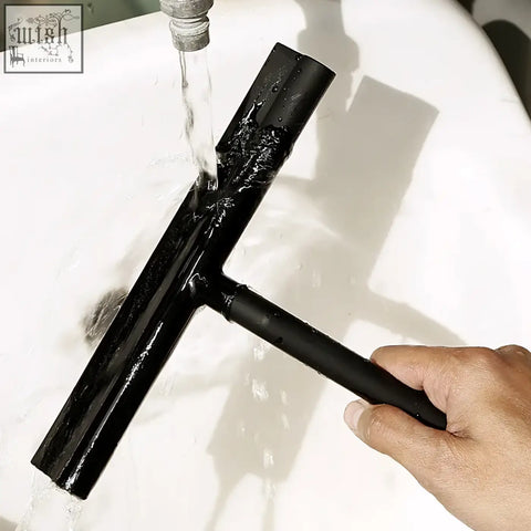 Black t-shaped shower squeegee with smooth glossy silicone blade for window glass wiper and bathroom mirror cleaning