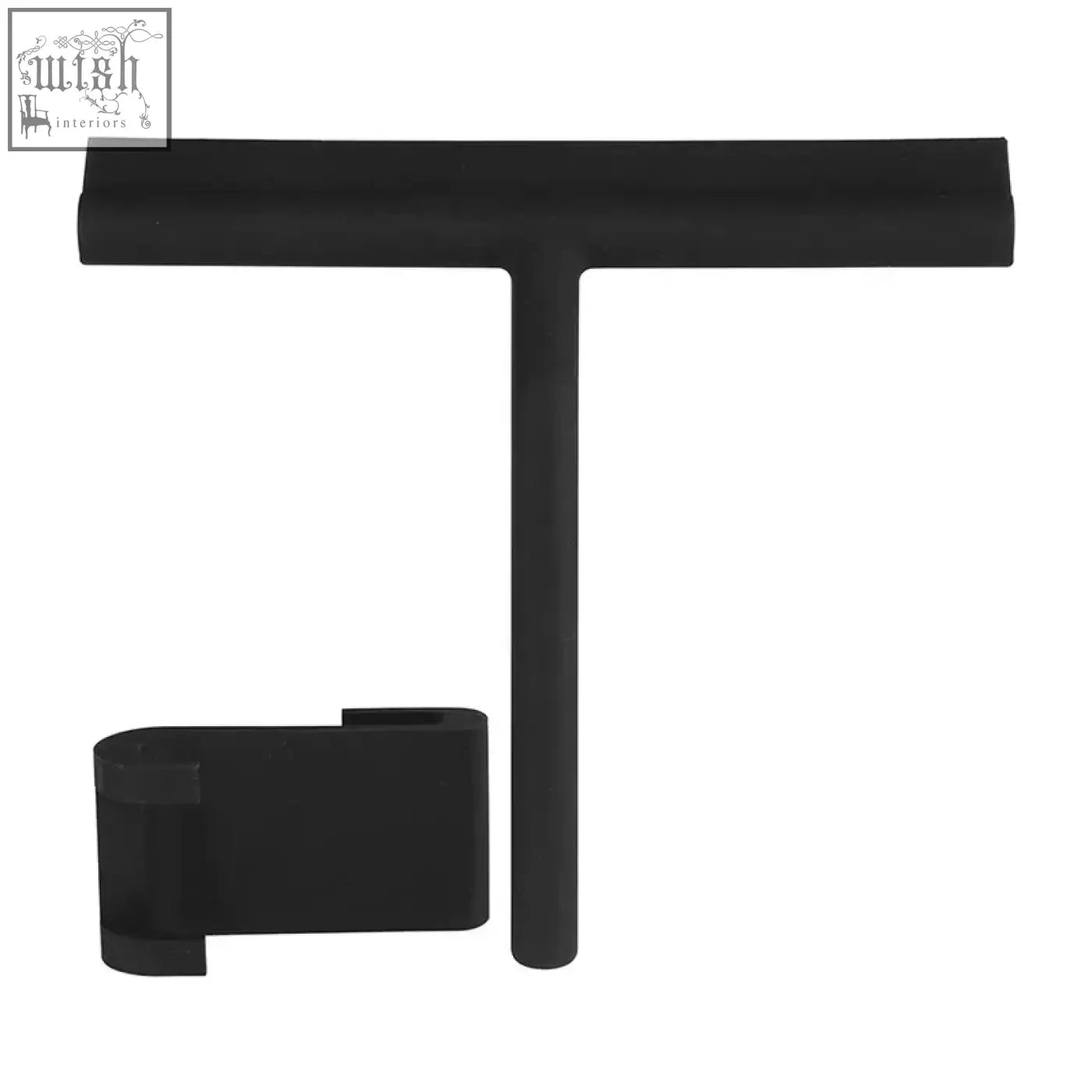 Black matte t-shaped jewelry display stand with clip shown next to silicone window glass wiper for bathroom cleaning