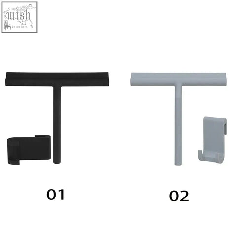Black and gray silicone t-shaped wall hooks with clip attachments for window glass wiper storage and bathroom use