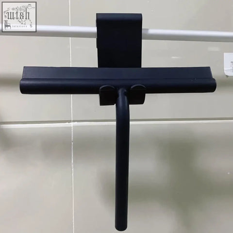 Black plastic shower squeegee with matte finish and ergonomic handle for window glass wiper and glass cleaning