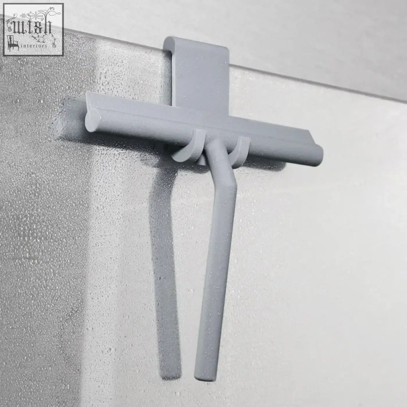 Gray plastic shower squeegee with cross handle and silicone arms for cleaning window glass and bathroom mirrors
