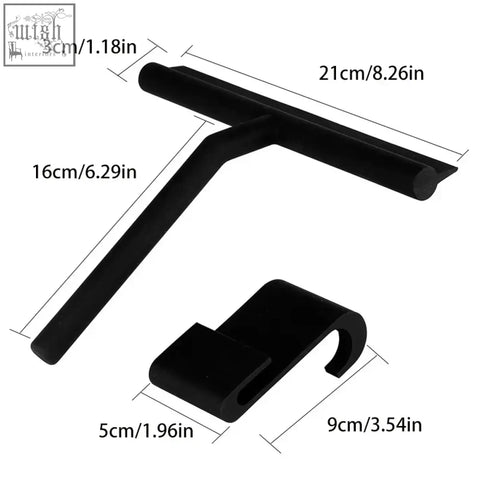 Black metal t-shaped hook with curved attachment for window glass wiper used in bathroom mirror cleaning accessories
