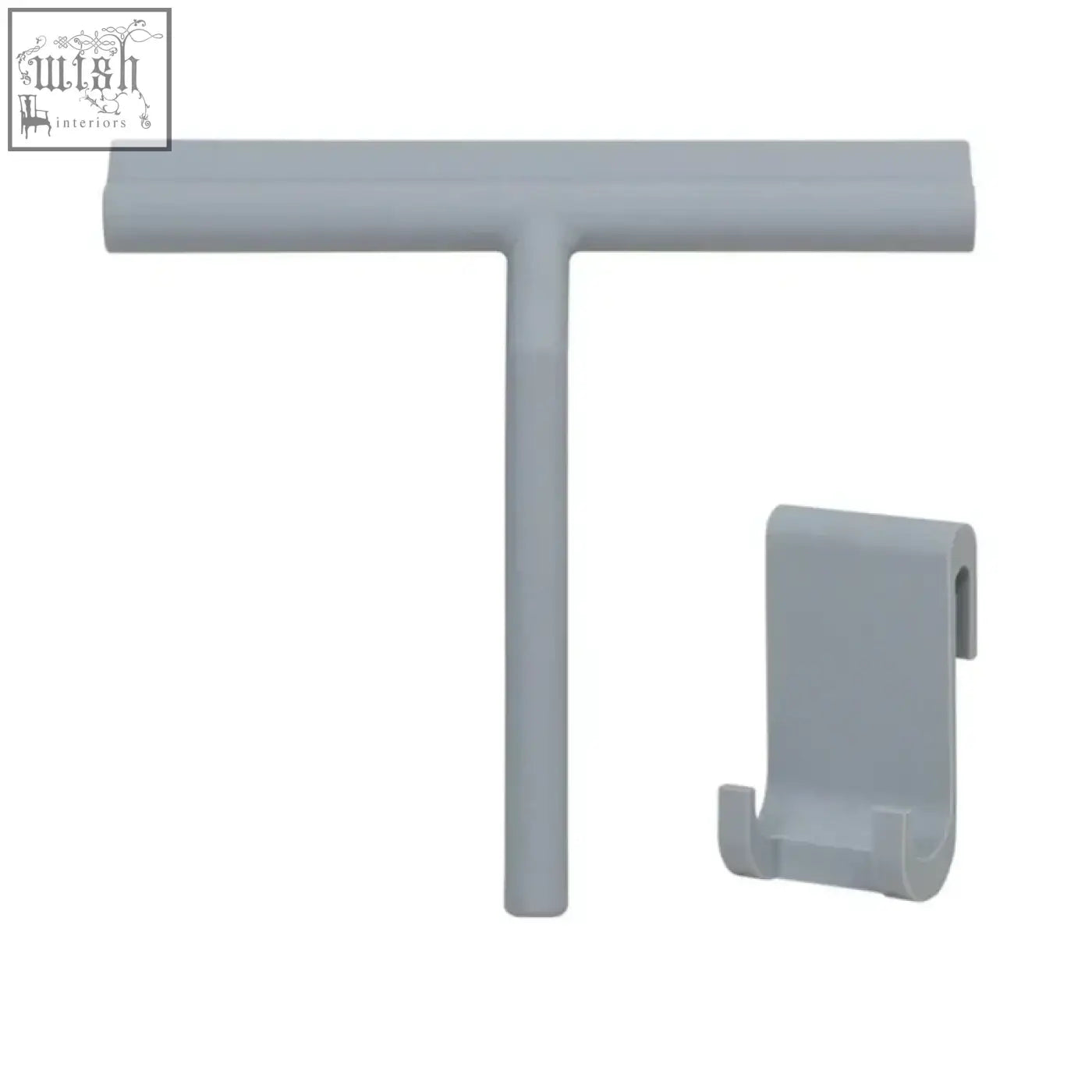 Gray plastic t-shaped wall hook with matching clip attachment for shower squeegee window glass wiper accessories