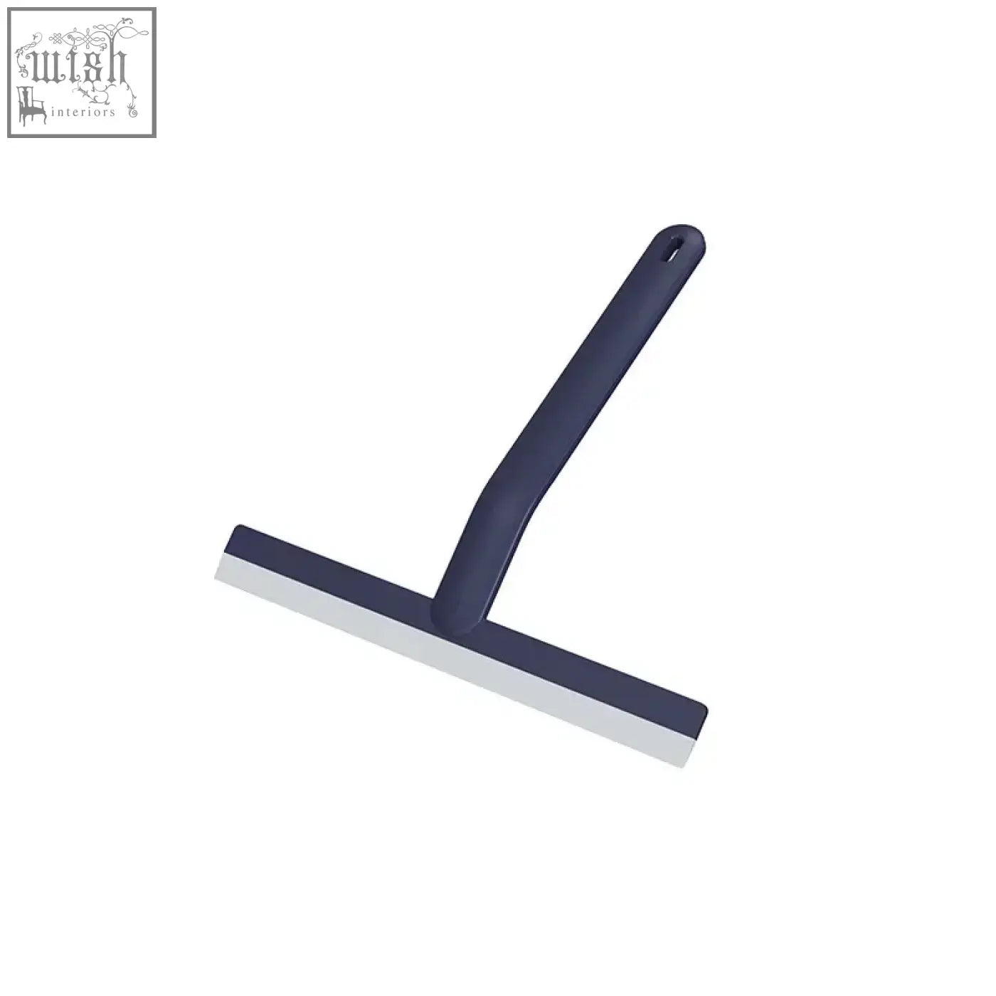 Dark blue plastic shower squeegee with metallic silver blade for window glass wiper and bathroom mirror cleaning