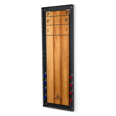 A sleek wall-mounted shuffle board with rich wood surface and black metal frame featuring numbered scoring zones and hanging instructions