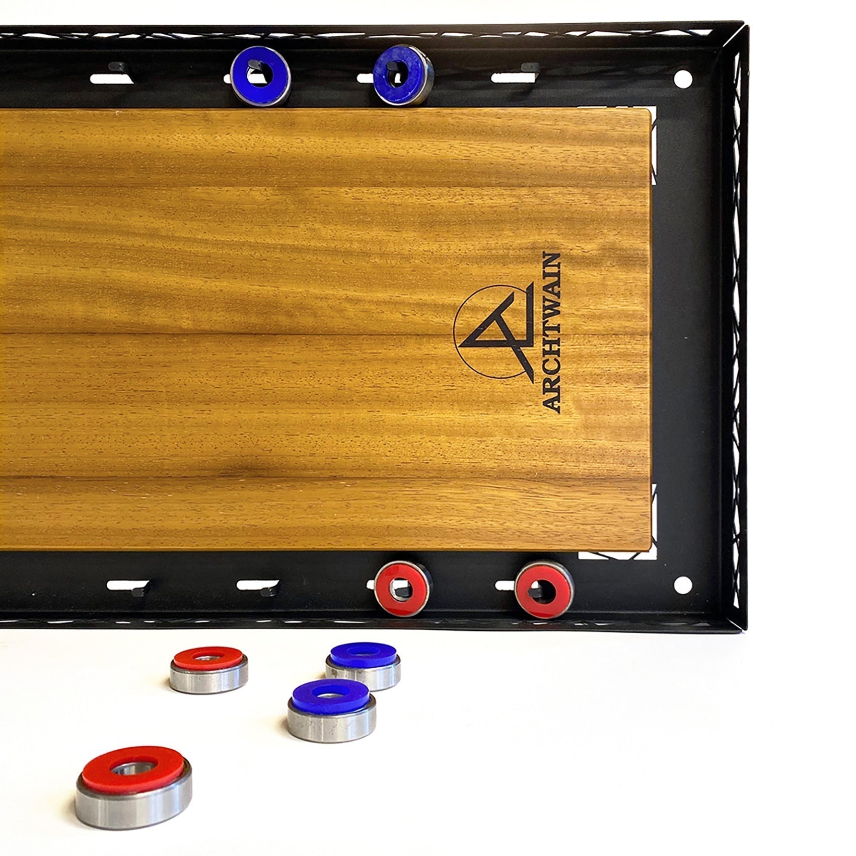 Wooden shuffleboard game board with black metal frame and red and blue discs suitable for all age range with hanging instructions