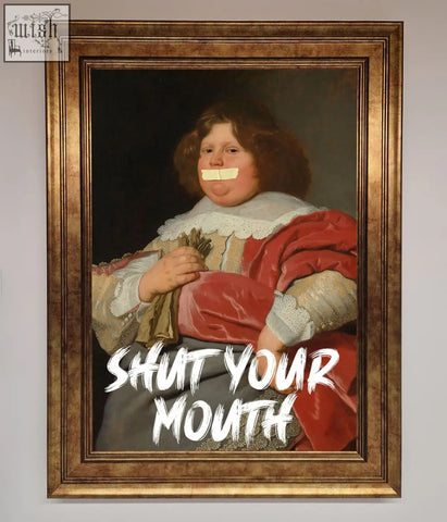 A bold statement mouth framed print featuring a young boy in red velvet and lace with adhesive tape on mouth