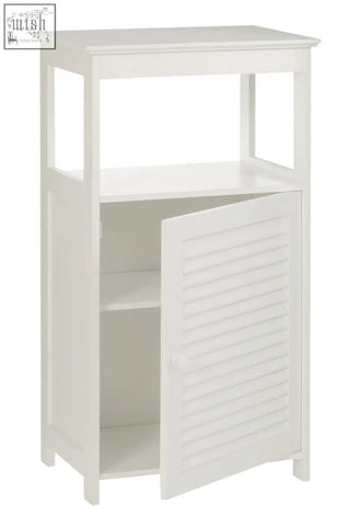 White wood floor cabinet with louvered door and open shelving perfect for bathroom storage
