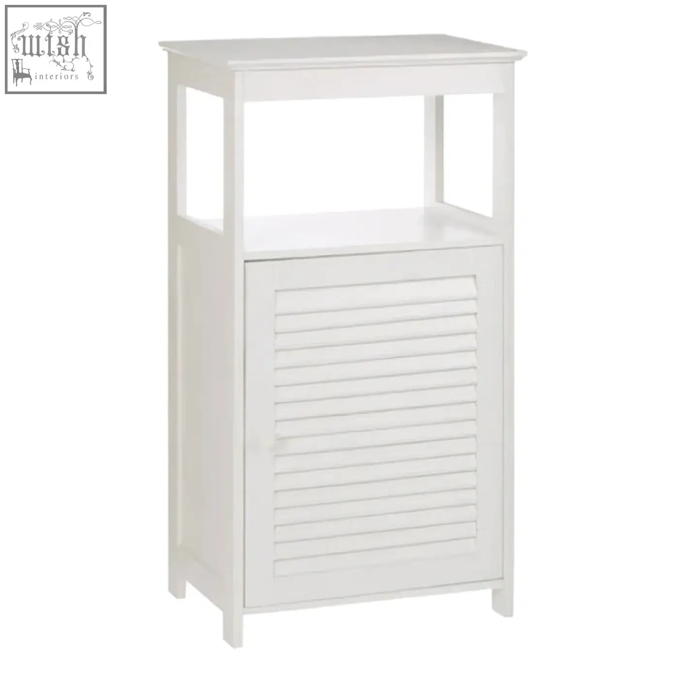 White wood floor cabinet with louvered door and open shelf above for wood floor storage and decor