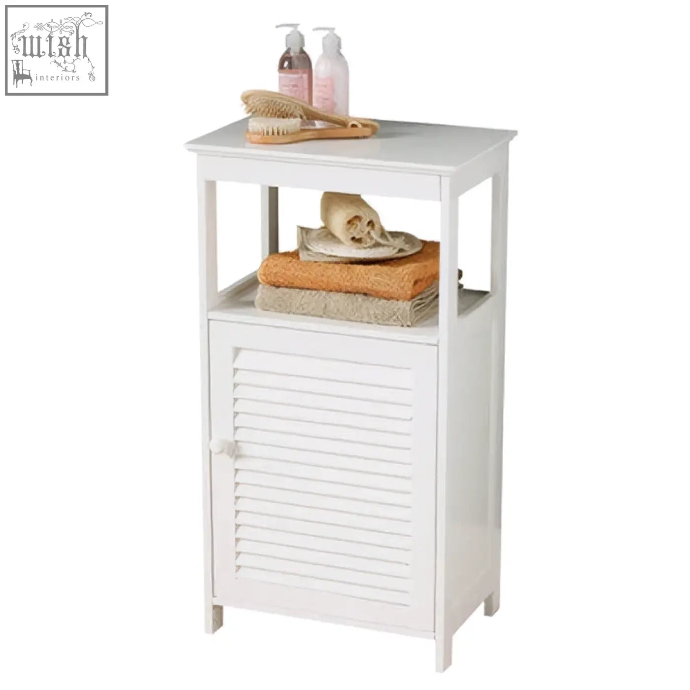 White wood floor cabinet with louvered door and open shelf for bathroom storage in shutter style
