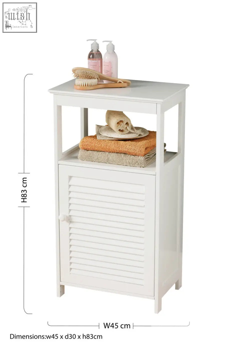 White wood floor cabinet with louvered door and open shelf perfect for bathroom storage