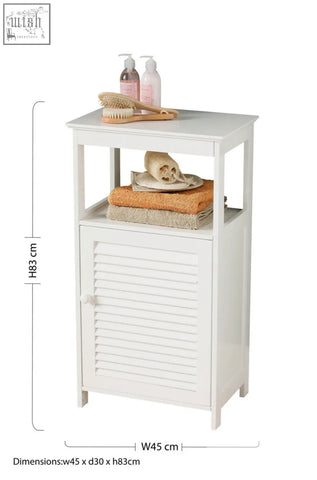 White wood floor cabinet with louvered door and open shelf perfect for bathroom storage