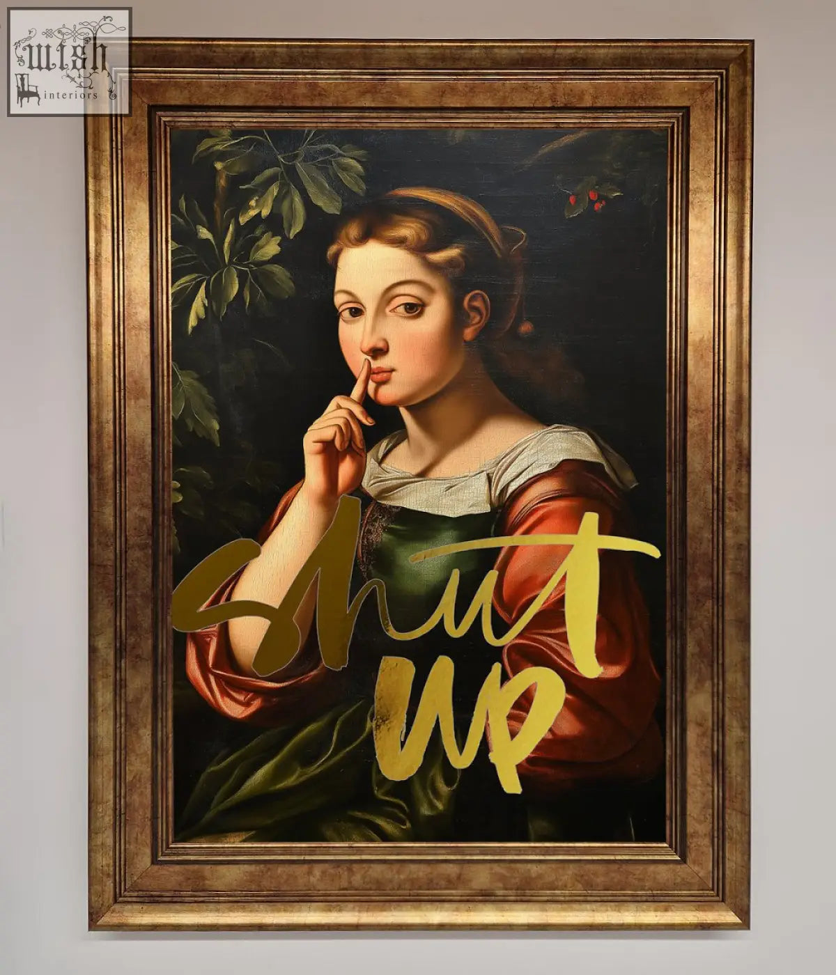 A framed shutup foil print of a woman in historical attire with gold foil lettering on a white background