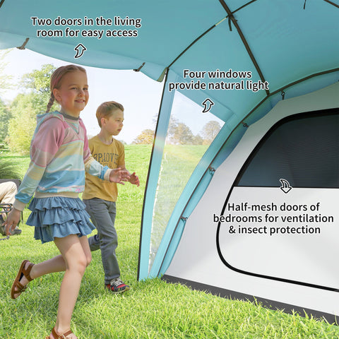 Outsunny 4-6 Man Family Camping Tent w/ 2 Bedrooms and a Living Room, Waterproof Tunnel Tent w/ Sewn In Groundsheet, Doors, Windows, Carry Bag, Blue
