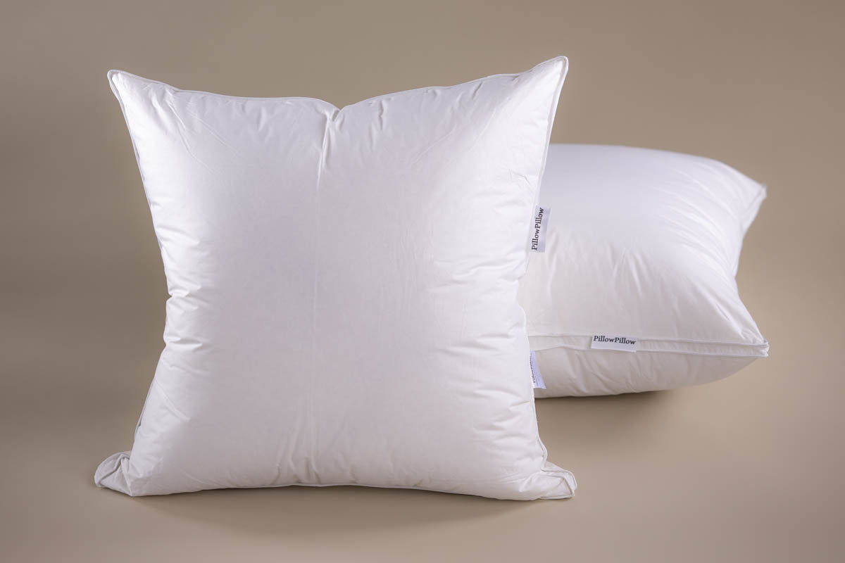 White big square pillow made with smooth siberian goose down fabric featuring a subtle seam pattern
