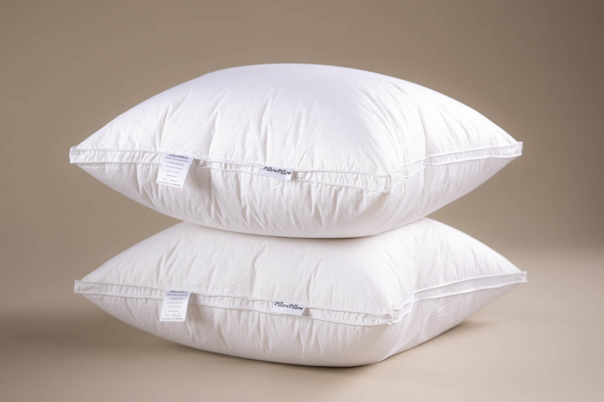 White plush pillow with soft cotton cover and subtle stitching featuring siberian goose down filling