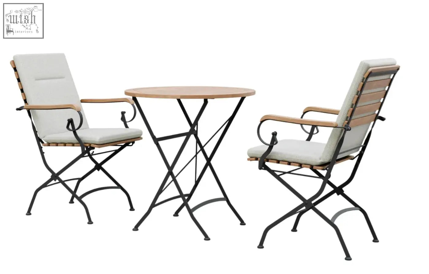 Black metal folding patio dining set with grade ab teak round top and light gray cushioned armchairs garden dining set