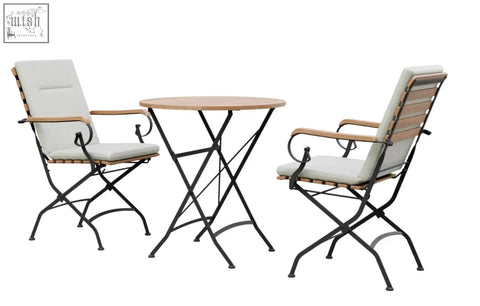 Black metal folding patio dining set with grade ab teak round top and light gray cushioned armchairs garden dining set