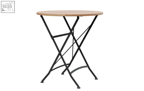 Black metal folding table with light wood top part of sicily garden dining set featuring grade ab teak details