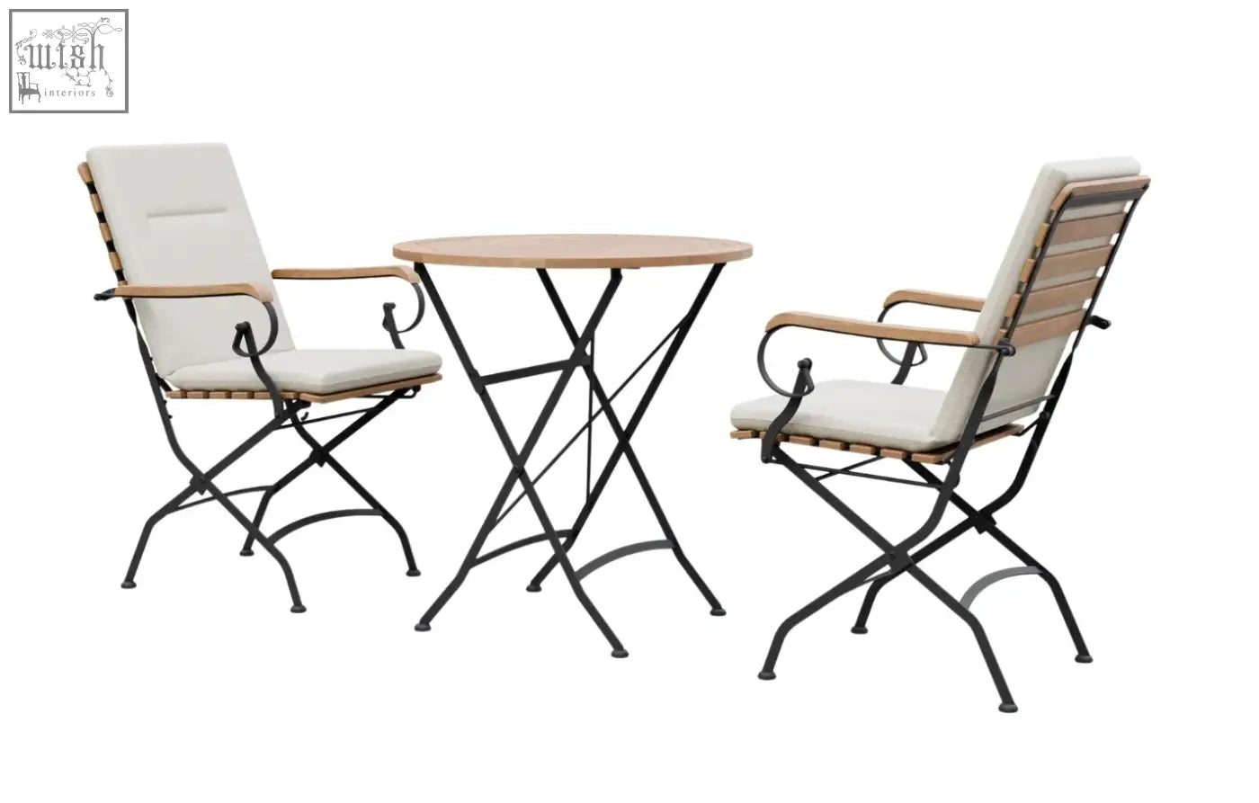 Black metal folding patio dining set with round wooden top and cream cushion chairs in grade ab teak garden dining set