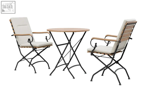 Black metal folding patio dining set with round wooden top and cream cushion chairs in grade ab teak garden dining set