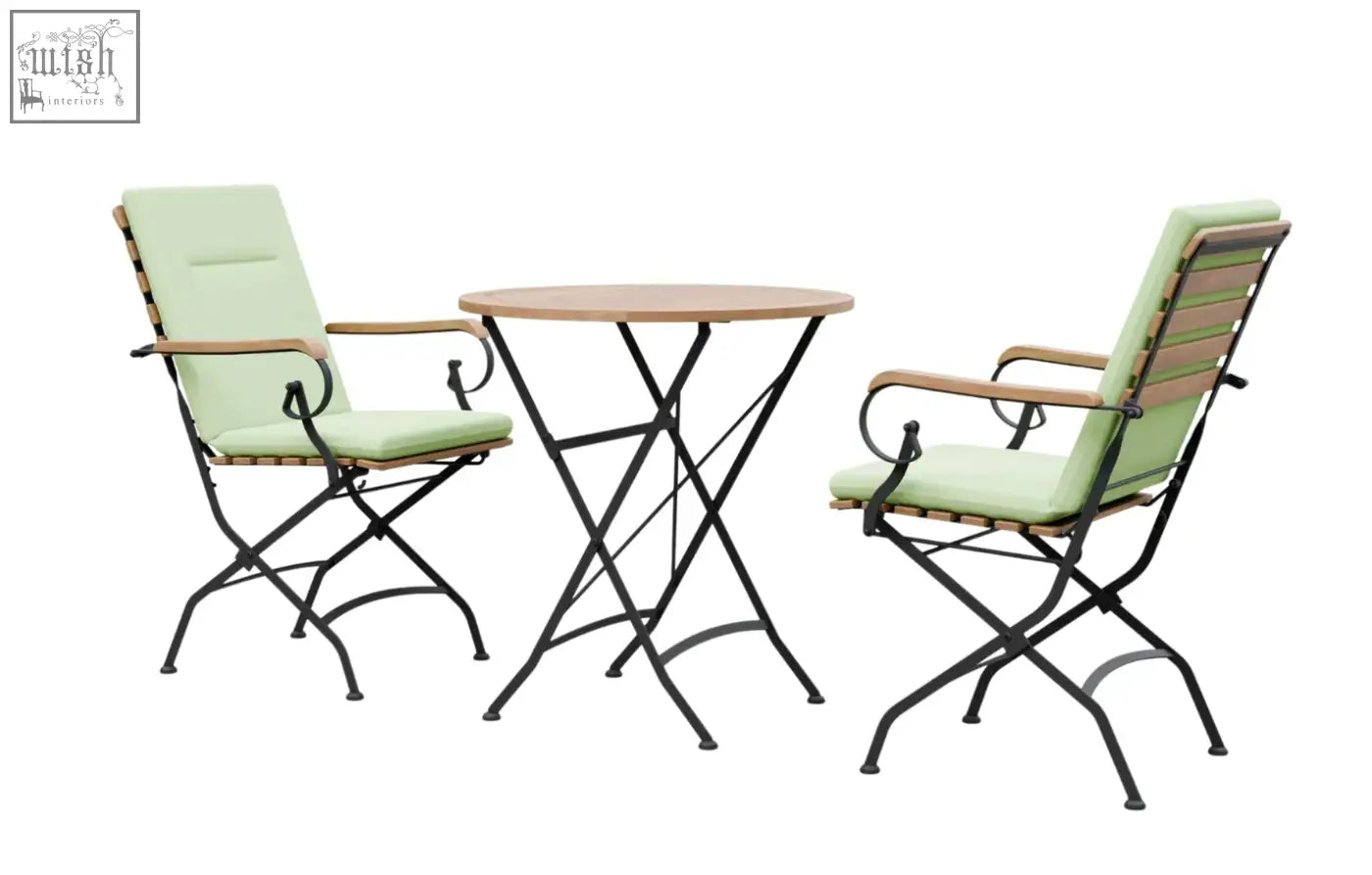 Set of two black metal folding chairs with light green cushions and wooden slats for sicily garden dining set