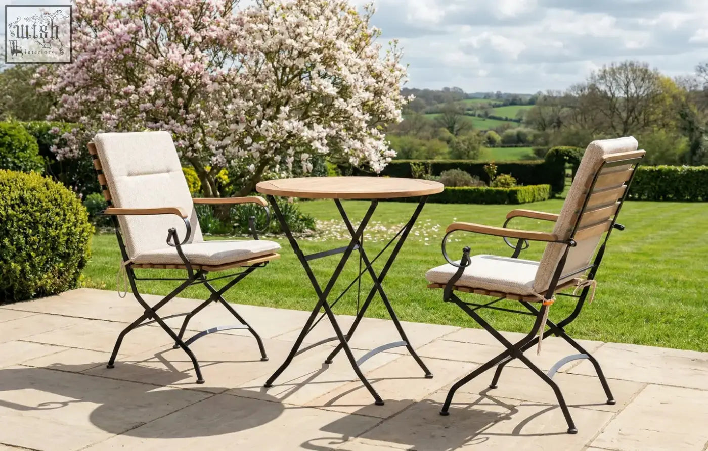 Round wooden dining set table with black metal folding legs made from grade ab teak for garden dining set use