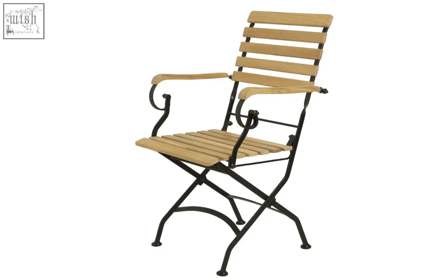 Beige slatted wooden armchair with black wrought iron frame and curved armrests from sicily garden dining set with grade ab teak