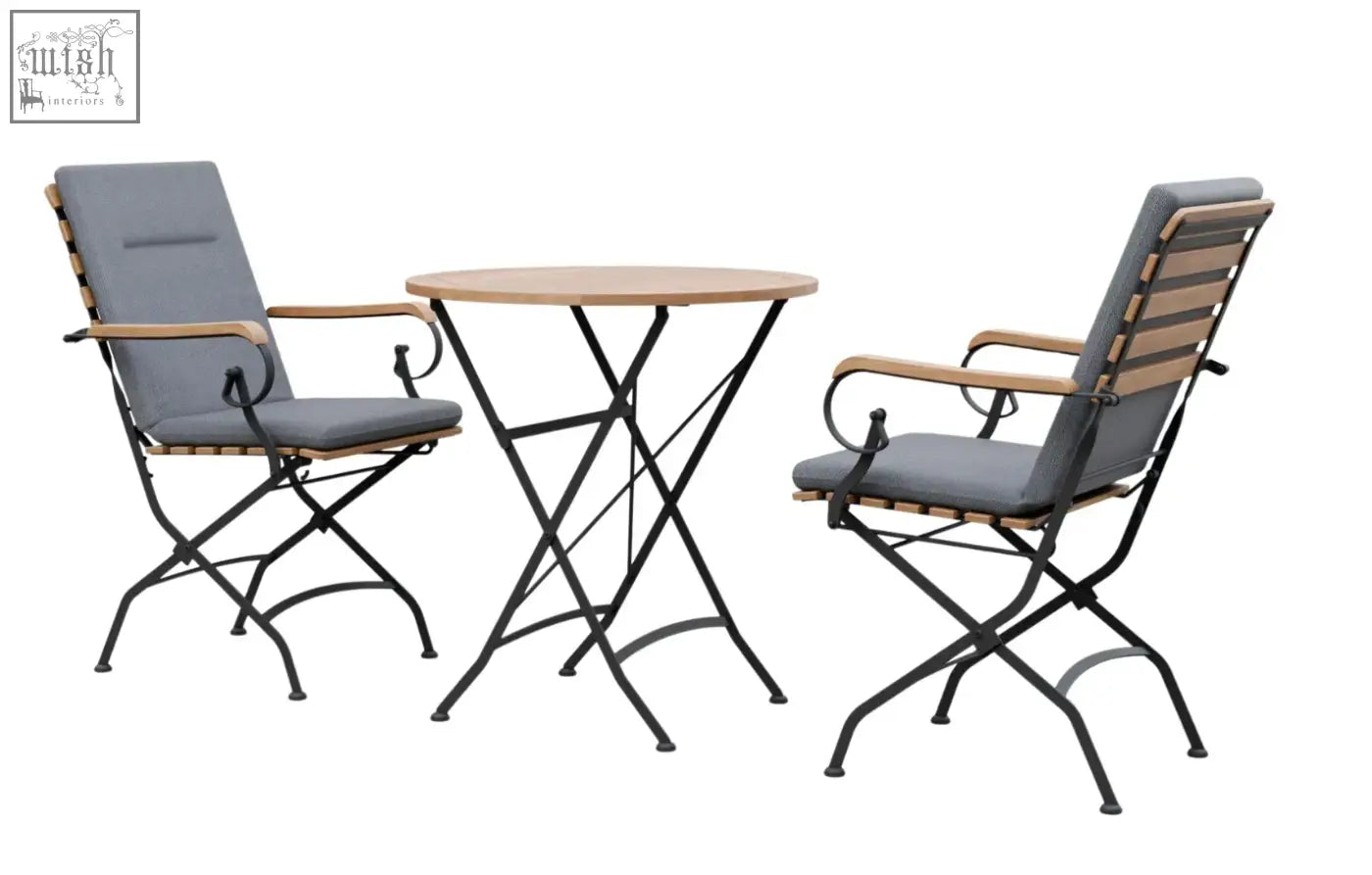 Black metal folding patio table with light wood top and gray cushioned chairs in sicily grade ab teak garden dining set