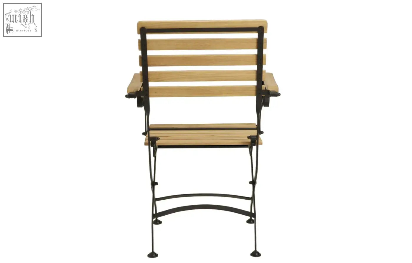 A sleek black metal frame with light wood slats forms the modern backrest of the sicily 2 seater teak garden dining set